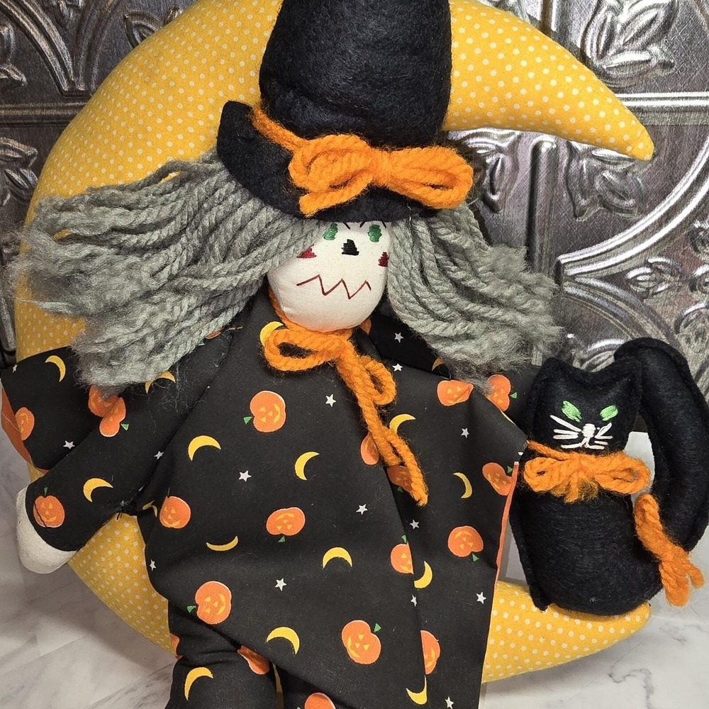 Vtg Halloween Witch Stuffed Moon Black Cat Handmade‎ Retro Witchy Decor